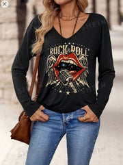 Shein Fashion V Neck Lips Pattern Blouse, XL >