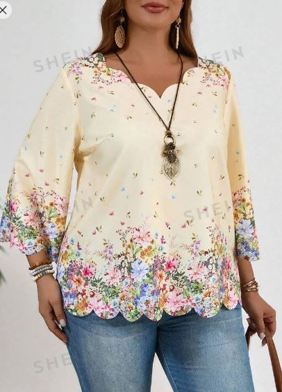 Shein Floral Print Rounded Hem Round Neckline Nine-Quarter Sleeve Blouse, 4XL /