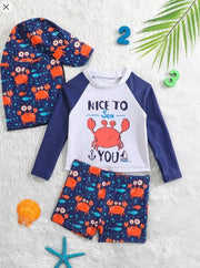 Shein Baby Boy Cartoon Graphic Beach Swimsuit With Swim Cap+