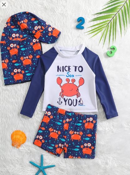 Shein Baby Boy Cartoon Graphic Beach Swimsuit With Swim Cap+