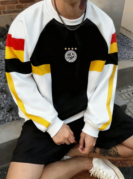 Shein Campus Court Aesthetic Post--Men Raglan Sleeve Sporty Casual Colorblock Pullover, XL -.