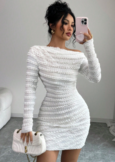 Shein Frill Trim Textured Fabric Asymmetric Shoulder Pleated Elegant Dress, M -.