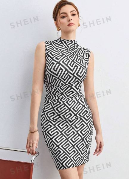 Shein Allover Print Mock Neck Ruched Bodycon Dress Workwear, XL */