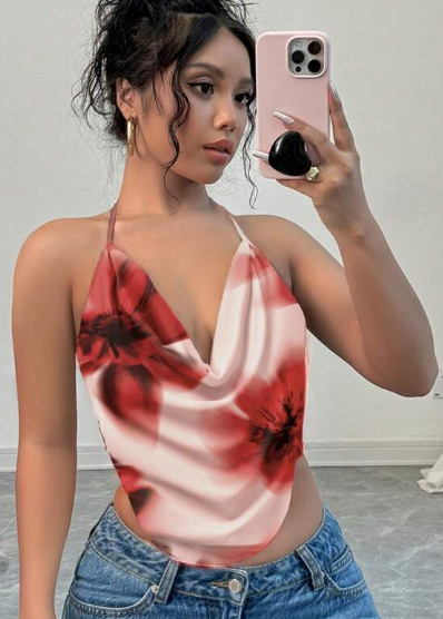 Shein Women Sexy Floral Print Mesh Front Camisole Top, S +