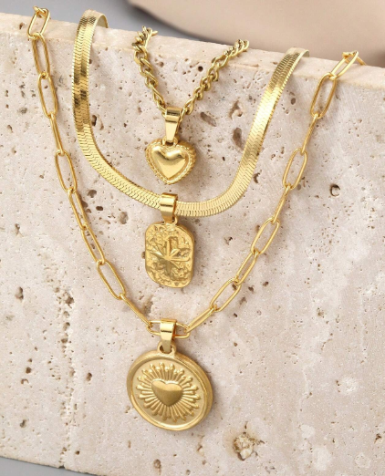 Shein 3pcs Stainless Steel Golden Love Ray Series Of 3 Necklaces +