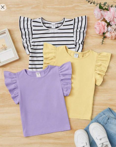 Shein Young Girl Casual Comfortable Plain Cap-Sleeved T-Shirt (Set Of 3), 4T /