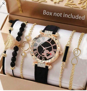 Shein 6pcs/Set Women's Leather Belt Fashion Diamond Watch Bracelet Set +