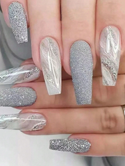 Shein Silver Glitter 25 Pc Set Long Coffin Shape Marble Design Nails +