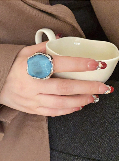 Shein 1pc Asymmetrical Open Metal Blue Transparent Ring, Mint Blue >