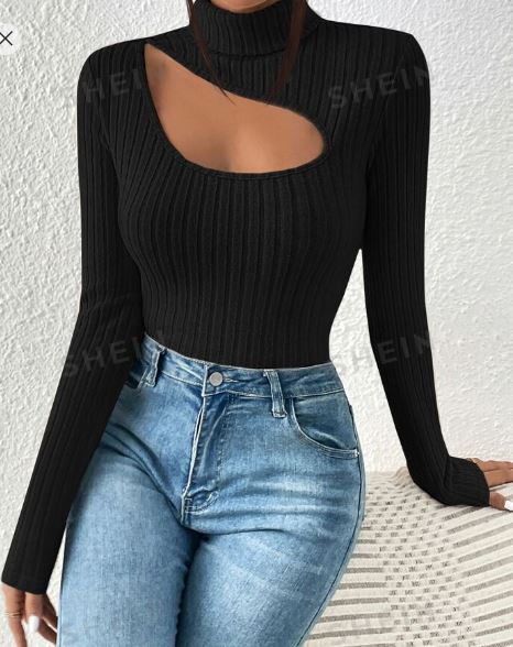 Shein Frenchy Concert Ribbed Knit Cut Out Front Turtle Neck Bodycon Tee +