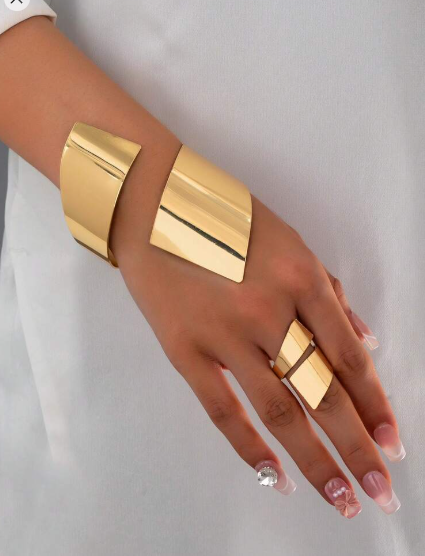 Shein 1 Set Gold Geometric Cuff Bracelet And Block Ring Jewelry Set +