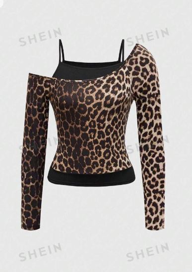 Shein Solid & Leopard Print Splice Mock Neck Fitted Crop Top, M /