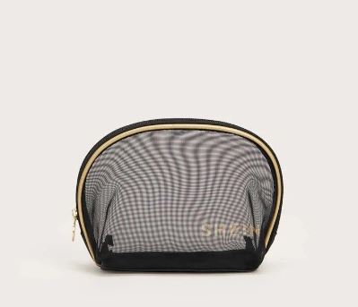 Shein Make Up Pouch Black Gold Mesh */