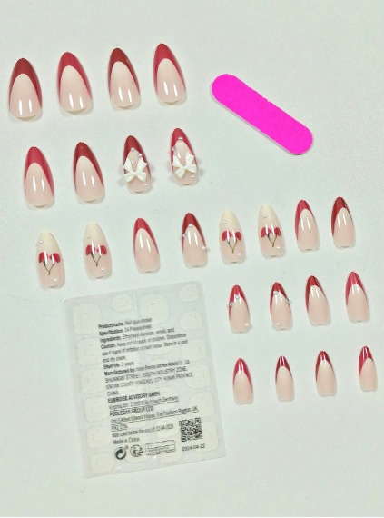 Shein 24Pcs Short Almond French Edge 3D Cherry & Bowknot Decorated False Nails Set +