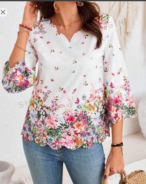 Shein Women's Positioned Floral Print Scalloped V-Neck Mid-Sleeve Shirt /