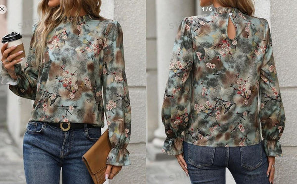 Shein Floral Print Flare Sleeve Frill Trim Mock Neck Blouse, XL /