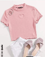 Shein Heart Cutout Detail Lettuce Trim Tee, S +