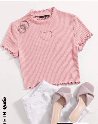 Shein Heart Cutout Detail Lettuce Trim Tee, S +