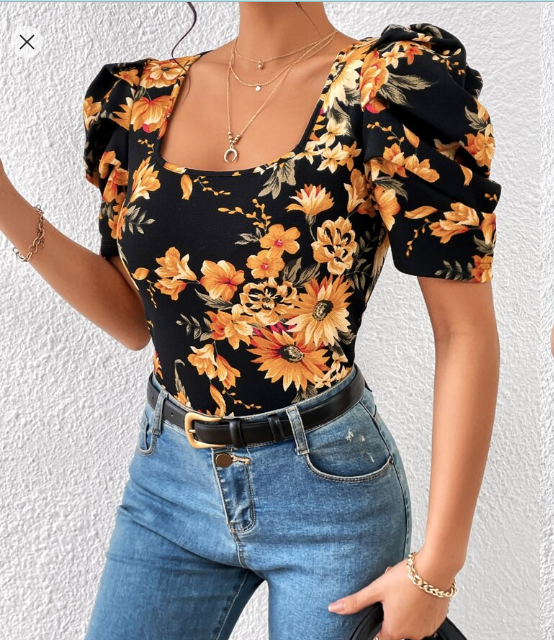 Shein Floral Print Square Neck Puff Sleeve Tee, XL +