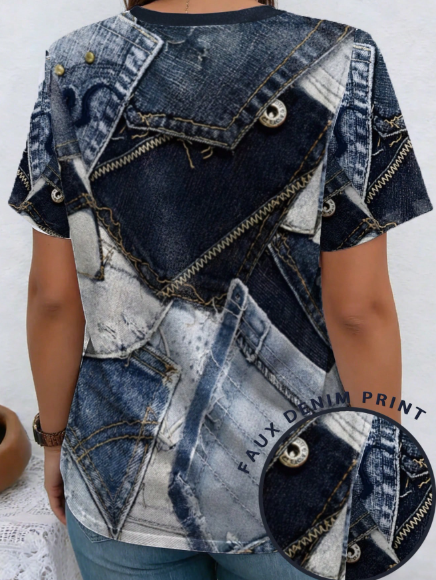 Shein Patchwork Pattern Twill Texture Round Neck Short Sleeve Casual Plus Size T-Shirt>