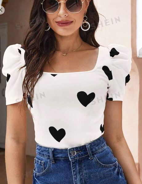 Shein Heart Print Puff Sleeve Summer Tee /