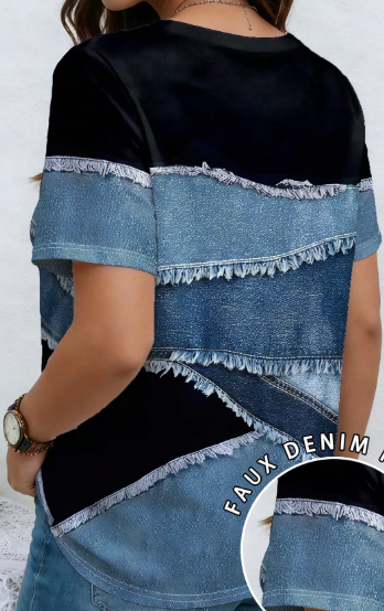 Shein Patchwork Pattern Twill Texture Round Neck Short Sleeve Casual Plus Size T-Shirt >
