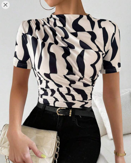Shein Women Asymmetrical Geometric Print Pleated Turtleneck T-Shirt, L +