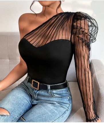 Shein One Shoulder Contrast Mesh Gigot Sleeve Top, XL /