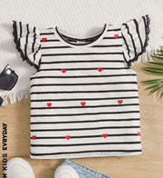 Shein Kids EVRYDAY Toddler Girls Striped & Heart Print Butterfly Sleeve Tee, 4T +
