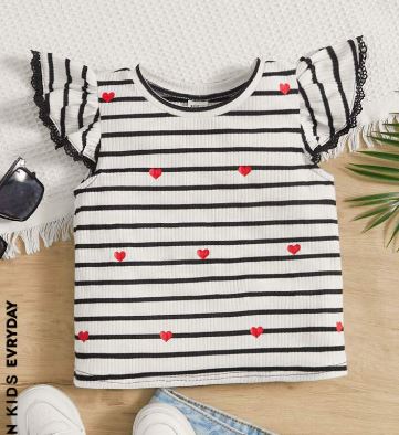 Shein Kids EVRYDAY Toddler Girls Striped & Heart Print Butterfly Sleeve Tee, 4T +