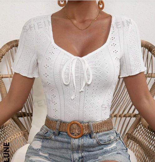 Shein Eyelet Embroidery Knot Front Tee /