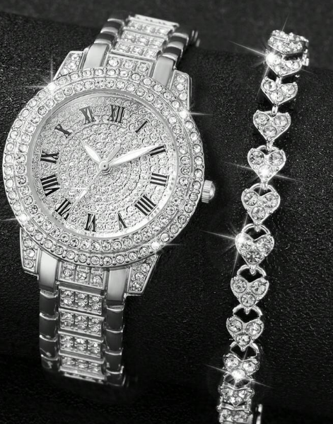 Shein 2pcs Quartz Watch With Steel Strap & Crystal Dial + Rhinestone Heart Bracelet +