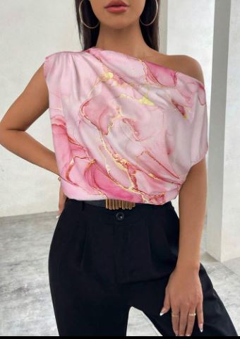 Shein Open Shoulder Loose Fit Floral Print Blouse In Pink, M +