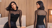 Shein Mock-Neck Sheer Dobby Mesh Yoke Fitted Black Top