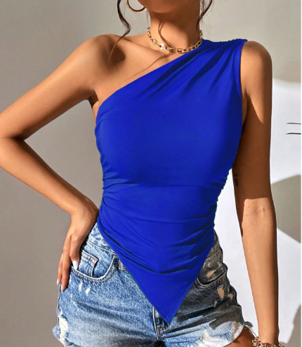 Shein One Shoulder Ruched Asymmetrical Hem Top, M +