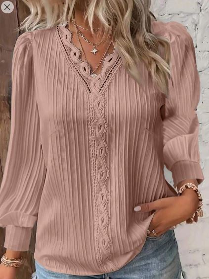 Shein Plus Size Plain Lace Trim Long Sleeve Casual Blouse, XXL /