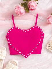 Shein Tween Girl Cute Short Heart Shape Pearl Decorated Camisole Top, 10T>