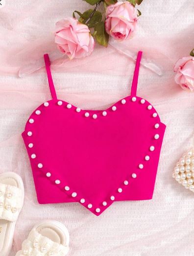 Shein Tween Girl Cute Short Heart Shape Pearl Decorated Camisole Top, 10T>