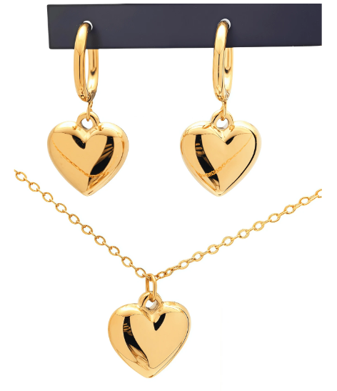 Shein 2pcs 18K Gold Plated Stainless Steel Thick Heart Shaped Earrings &amp; Pendant Set +