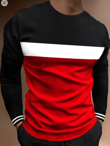 Shein Men Color Block Striped Trim Casual Long Sleeve Tee, L +