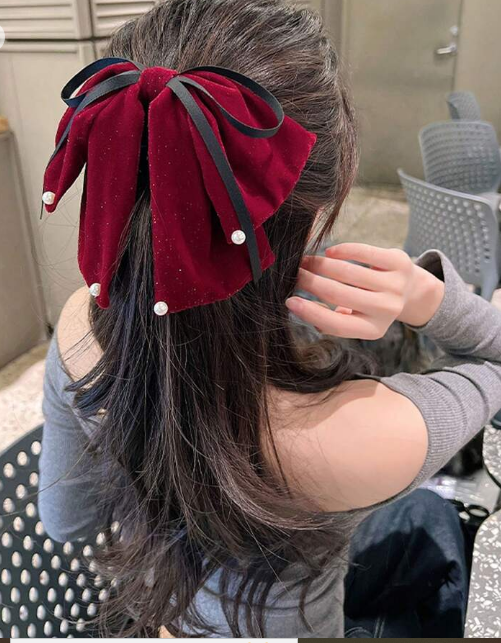 Shein 1pc Deep Red Elegant Plush Bow Hair Clip With Faux Pearl Decoration +