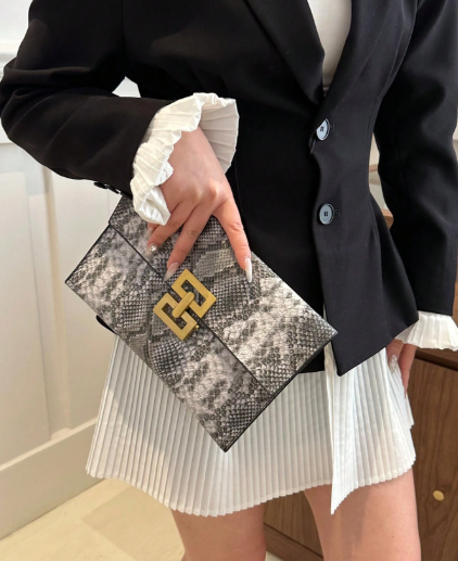 Shein 1pc PU Leather Snake Skin Pattern Color Block Handbag Envelope Clutch -.