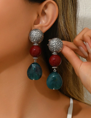 Shein Wavy Faux Jade Resin Asymmetrical Pendant & Ball Bead Earrings >