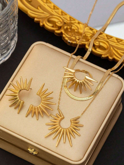 Shein 4pcs/Set Stainless Steel Sunflower Pendant Necklace + Earrings + Ring Jewelry Set>