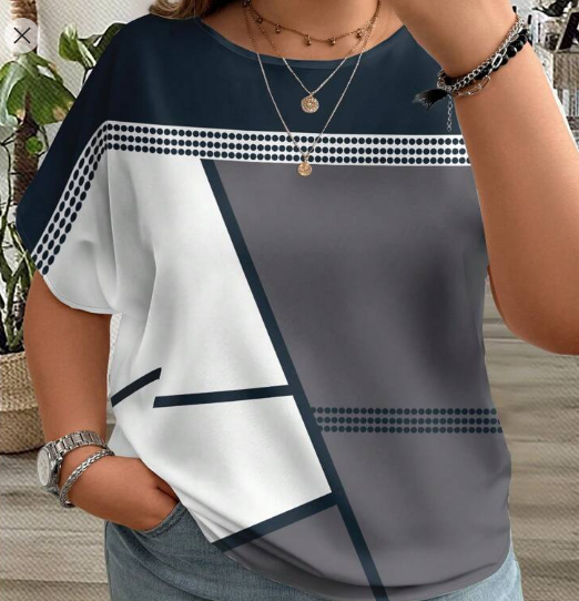 Shein Plus Size Casual Patchwork Pattern Round Neck Short Sleeve Shirt -.