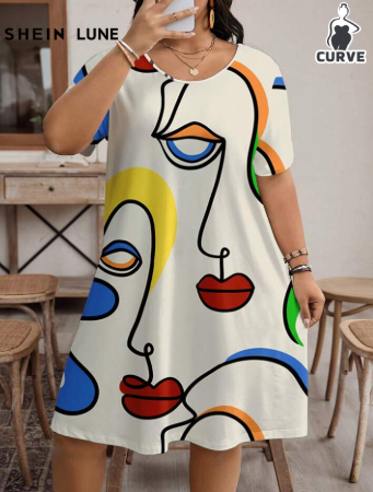 Shein Abstract Portrait Print Casual Crew Neck Short Sleeve Plus Size Dress, XXL -.