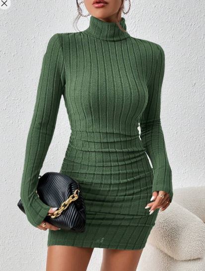Shein Frenchy Solid Color Turtleneck Shirred Fitted Mini Dress, M +