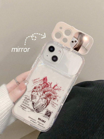 Mirror Element 1pc Transparent TPU Colorful Heart Shape Phone Case With Mirror Stand>