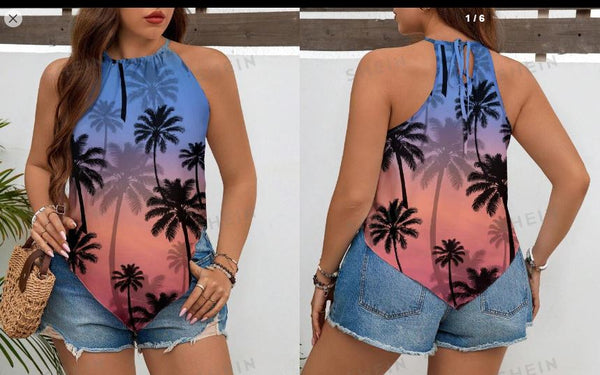 Shein Tropical Plant Gradient Pattern Summer Holiday Camisole Tank, XXL /