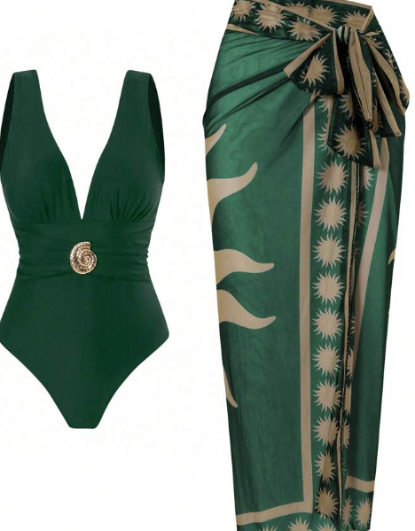Shein 2pcs Women Solid Green Bandage Swimsuit & Net Printed Long Skirt, XL +